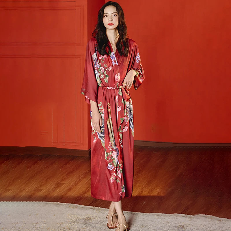 Women Ice Silk Rayon Home Dress Black Print Flower Long Robe Nightgown Spring Summer Half Sleeve Kimono Bathrobe Gown