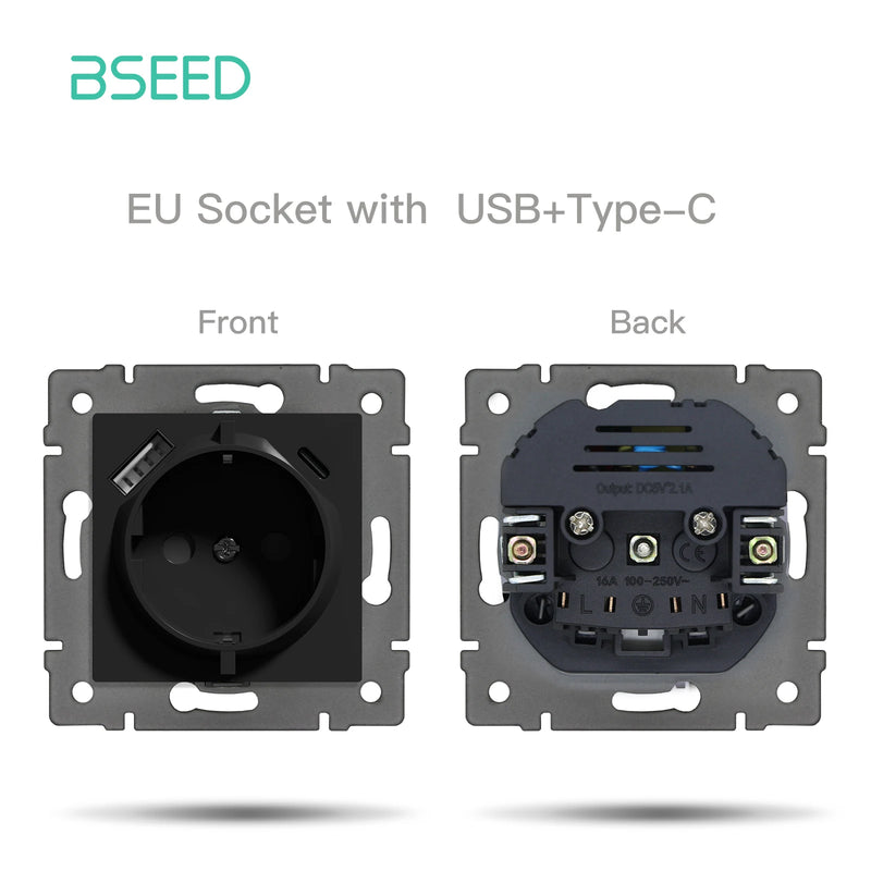 BSEED EU Standard Button Light Switch 1/2Gang 1/2Way Wall Socket USB Type-C DIY Function Parts Glass Panel Free Combination