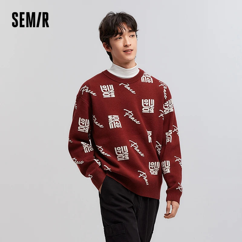 Semir Sweater Men New Year's Red Jacquard Knitted Sweater 2025 New Spring Couple's Sweater Loose