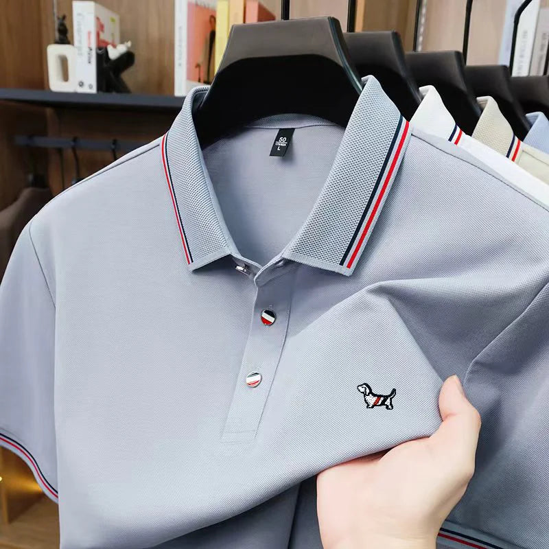 Luxury Man Short-Sleeved Polo Shirt Lapel Button Silk-Containing Dog Embroidery British Style T-Shirt Outdoor Leisure Men's Wear