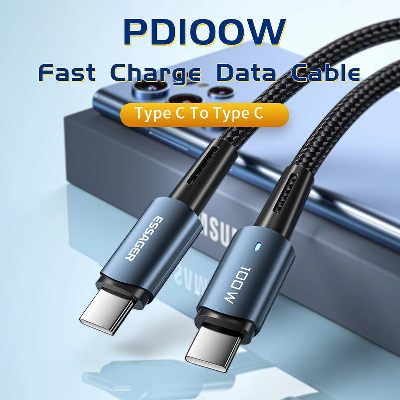 ខ្សែសាក Essager USB C 100W PD QC 4.0 3.0 USB Type C ខ្សែសាកលឿន Type C សម្រាប់ MacBook Pro Samsung Xiaomi ខ្សែសាក