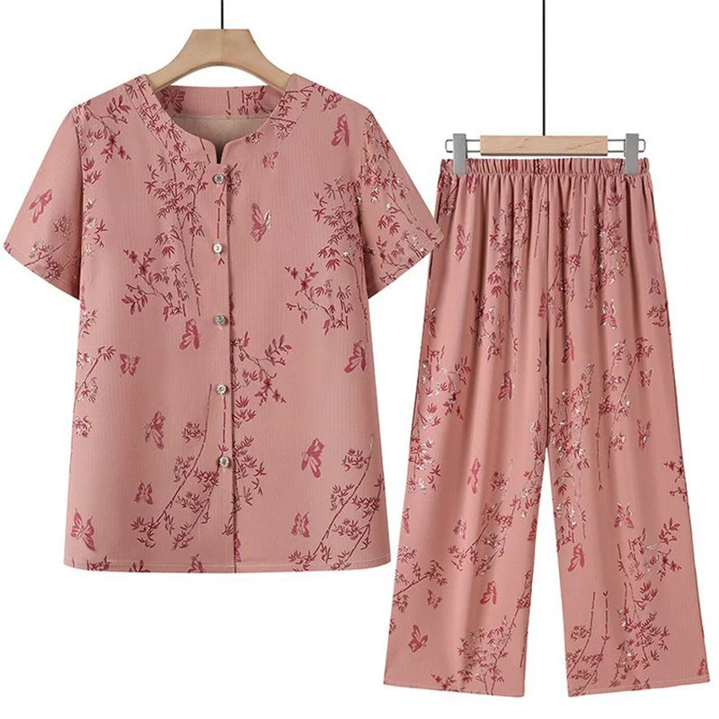 ឈុតខោដៃខ្លី ទំហំ XL-5XL ធ្វើពីកប្បាសរ៉ាយ៉ុង ឈុតគេងពីរដុំសម្រាប់ម្តាយវ័យកណ្តាល សម្លៀកបំពាក់នៅផ្ទះធម្មតាសម្រាប់ស្ត្រី