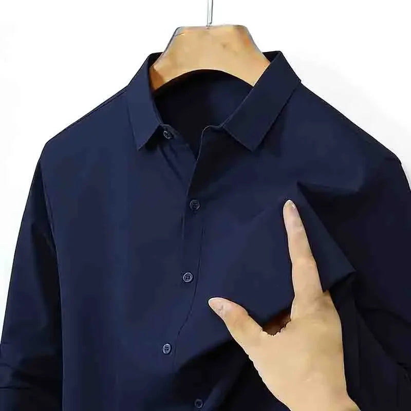 Men's Navy Blue Long Sleeve Dress Shirt Slim Fit Non-iron Formal Business Button Down Shirt for Office