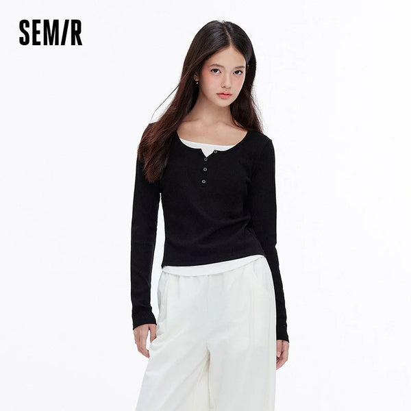 អាវយឺត Semir សម្រាប់នារី ដៃវែង រាងកោង ដេរប៉ាក់ពីរដុំ រចនាបថធម្មតា ស្លៀកប្រចាំថ្ងៃ រដូវស្លឹកឈើជ្រុះ ឆ្នាំ២០២៦