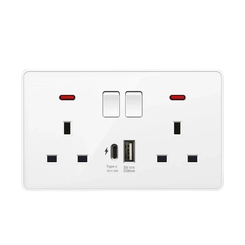 Black Universal Smart 3.1A USB C Wall Socket,UK Type-C 18W Fast Charging Plug Adapter Outlet,Dual Socket with Power Indicator