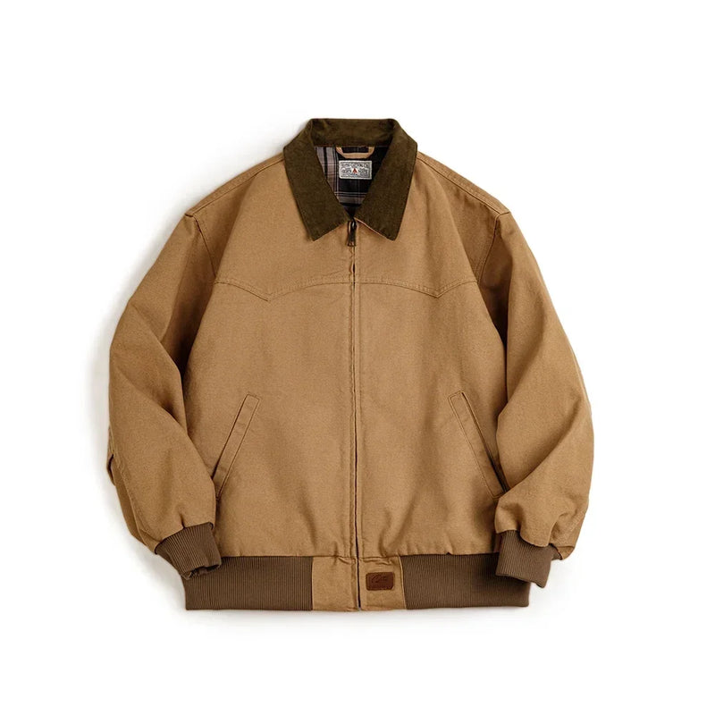 អាវធំ Maden Retro ទម្ងន់ធ្ងន់ Santafe Canvas Jackets កប្បាស Corduroy Lapel Ribbed Hem Cuffs អាវខ្លីសម្រាប់អាវធំរដូវស្លឹកឈើជ្រុះរបស់បុរស