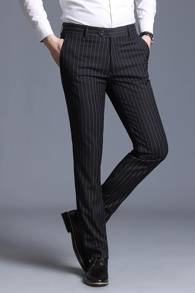2026 Men's Blue Vertical Striped Suit Pants, Black Business Casual Trousers, Asian Sizes 28-40, Burgundy and Gray Plaid Pant.