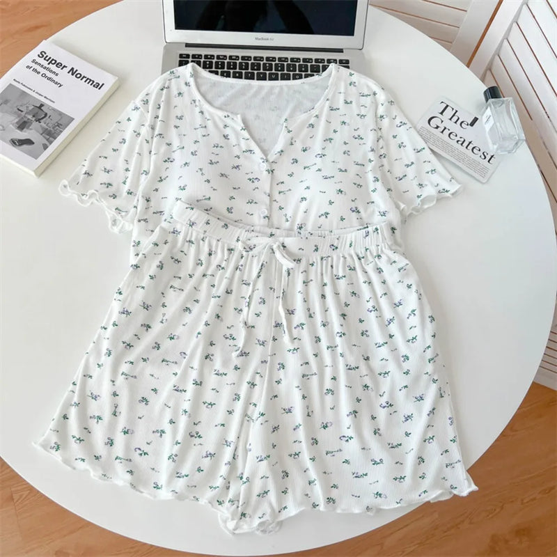 Floral Thin Nightwear 2 Pieces Set for Woman Pajamas Chest Pads Women’s Loungewear Summer Suit Short Sleeve Sleepwear Pyjamas