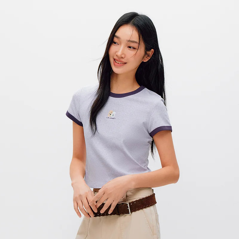Semir Women Tshirt Cropped Slim Contrast Short Sleeve Summer 2026 Casual Graphic Print Everyday Fashion Top Tee