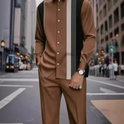 Men's Two-piece Set for Spring/Fall: An Ethnic-style Long-sleeve Shirt Paired with Pants, Red, Blue, Green, Gray, Black, Purple.