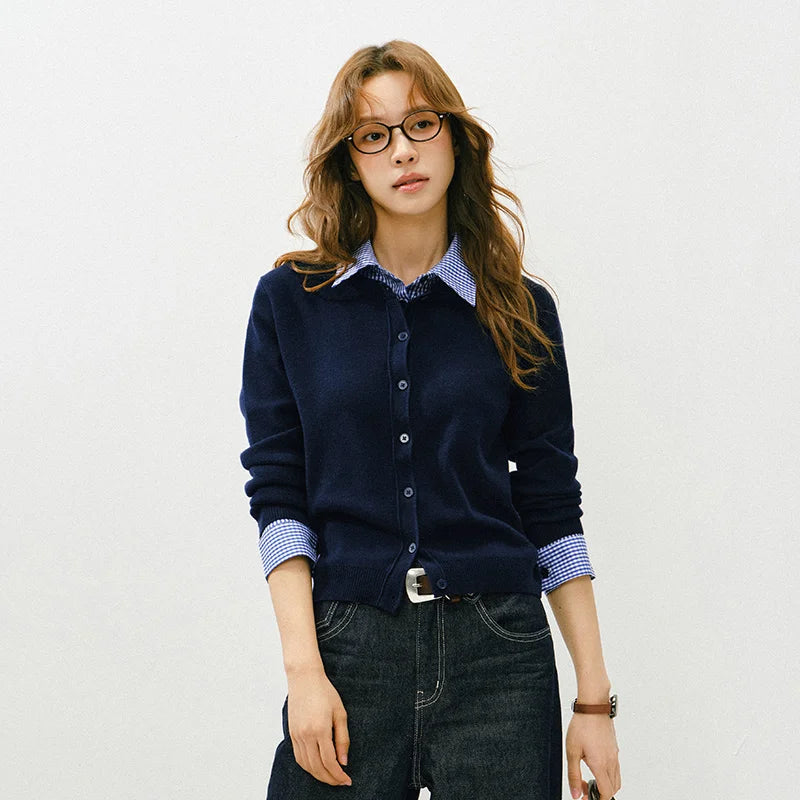 Semir Knit Cardigan Short Spring Detachable Plaid Collar Panel Versatile Office Layering Top Women 2025