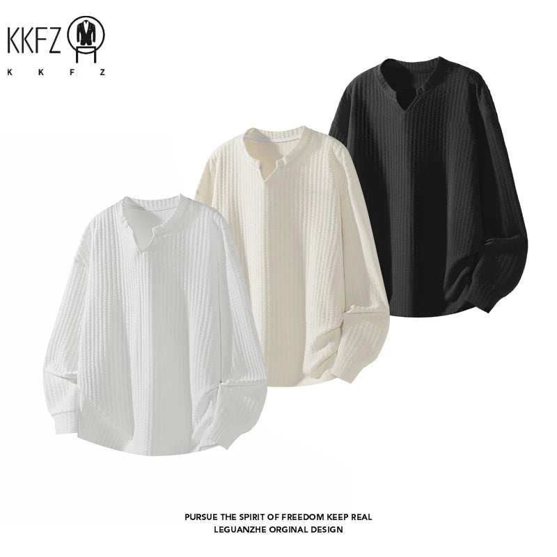 Daily Urban Henley Shirt Men Long Sleeve Split Notch Neck Vertical Texture Soft Fabric Basic Fashion Outer Garment