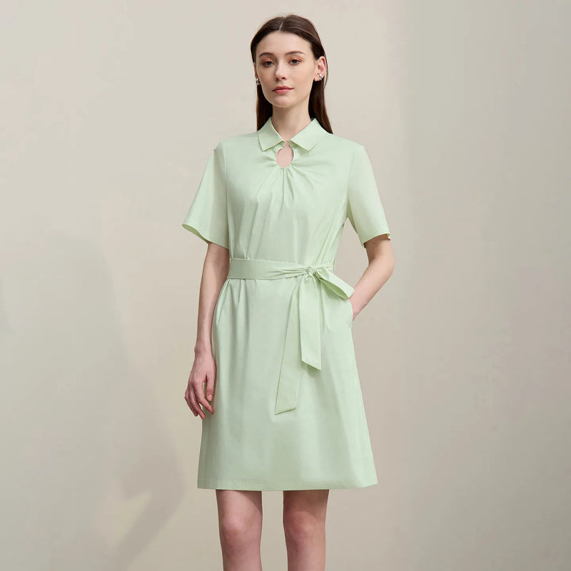 Amii Women's Dress 2026 Summer New Lapel Collar With Belted Short Sleeve Cotton Office Casual Shift Dress For Women 12622142
