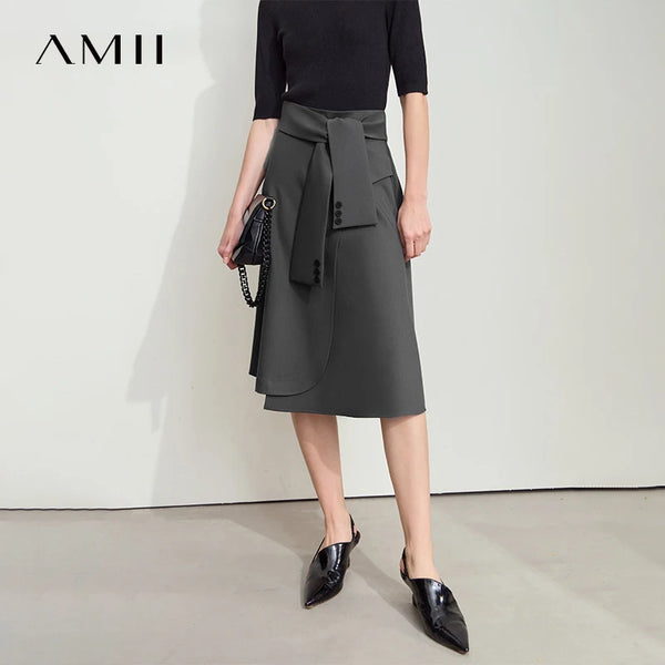 AMII សំពត់ថ្មី Minimalist សម្រាប់នារី រដូវក្តៅ ឆ្នាំ២០២៥ សំពត់រាងអក្សរ A ប្រវែងមធ្យម រលុង មិនស្មើគ្នា ម៉ូដសម្រាប់នារីការិយាល័យ 12542045