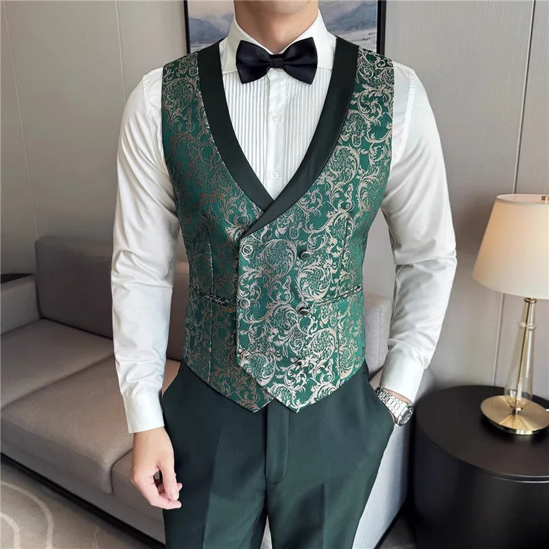 2026 New Men's Apricot Embroidered Suit 3-Piece, Jacquard Fabric Dress Jacket and Vest with Trousers, Branded Clothing