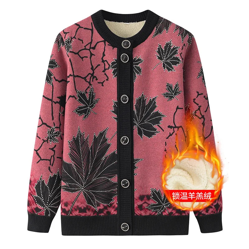 Sweater Women New Thicken Velvet Winter Cardigan Coat Printing Middle Aged Mother Knitting Jacket Grandma Warm Cardigans XL-4XL
