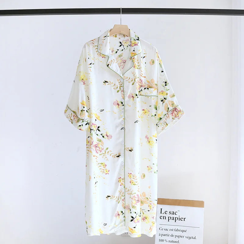 Cotton Short Sleeved Lapel Cardigan Spring Summer Loose Home Dress Casual Women Nightgowns New Printed Ladies Nightshirt
