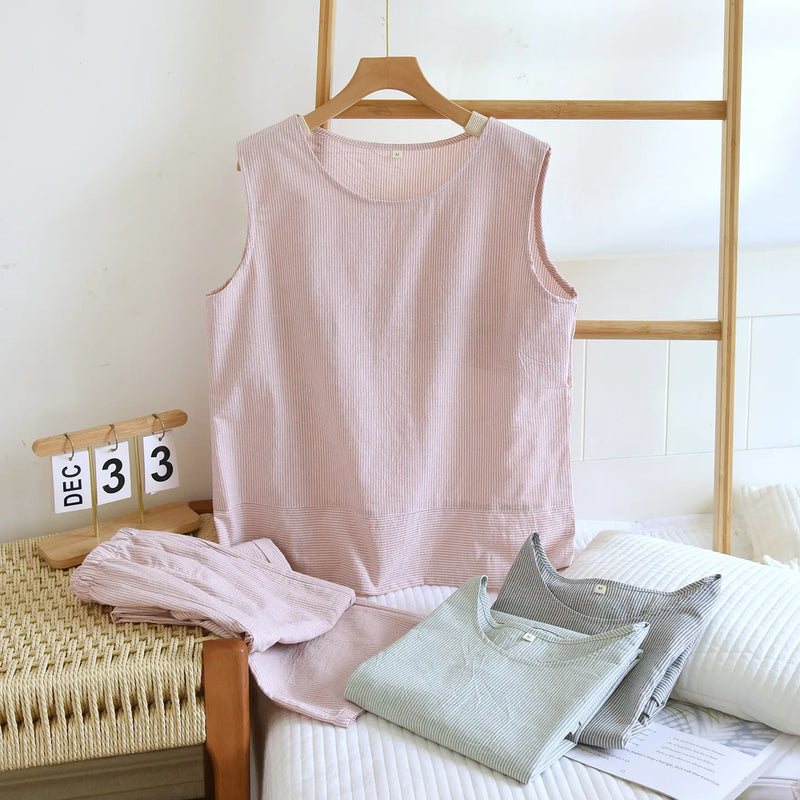 Thin Sleeveless Pyjamas Woman Summer Pajamas Sleepwear Women's Cotton Gauze Pure Color 2 Piece Set Night Wear For Ladies Pijama