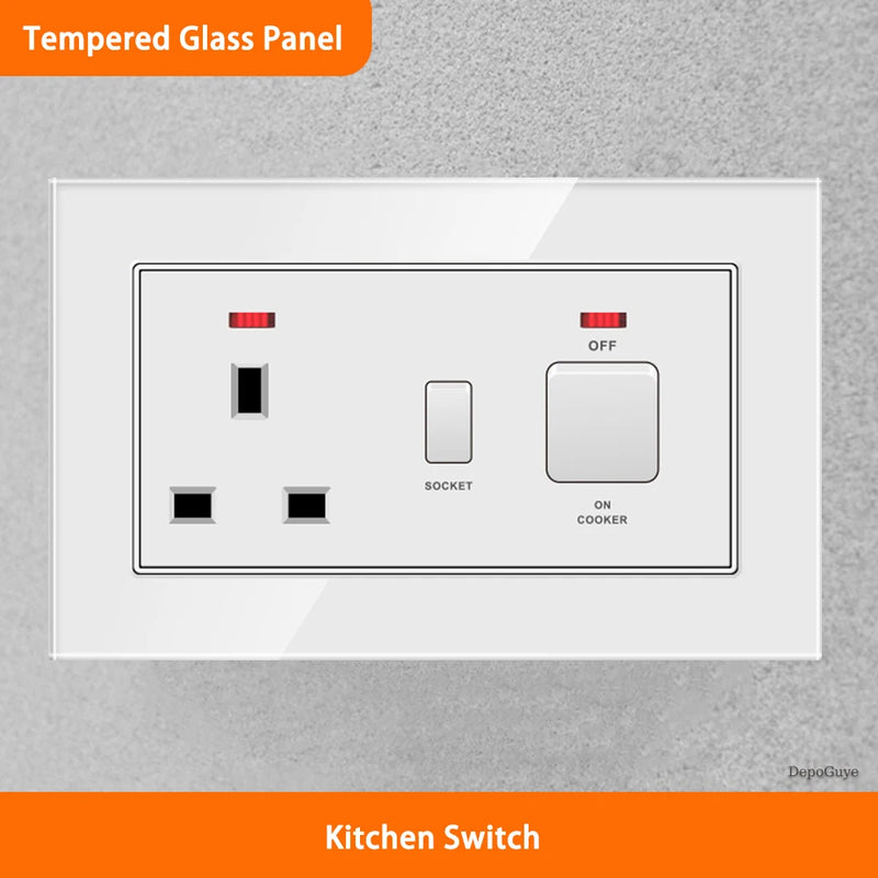 White Universal UK 13A Socket with USB Type-C 18W Fast Charging Wall Socket,Tempered Glass Button Light Switch,Dual 3pin Socket