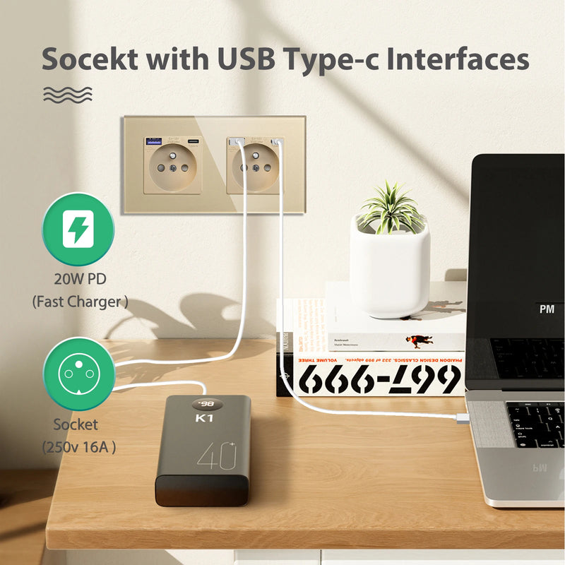 BSEED French Standard 20W Fast Charge Port Wall Power Socket Double France USB Type-C Electrical Outlets Crystal Glass Frame 16A