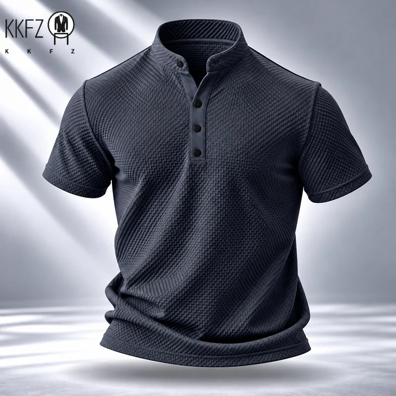 Mens Stand Collar Short Sleeve Shirt Soft Durable Waffle Premium Fabric Suitable For Daily Walking And Light Sports Occasions