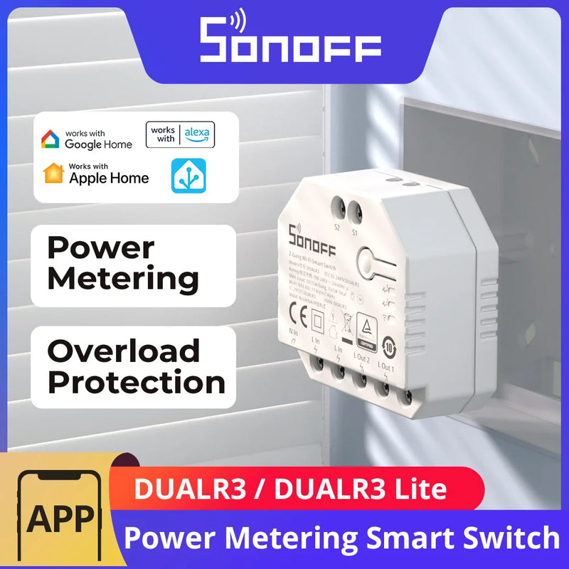 SONOFF DUALR3 / DUALR3 Lite 2 Gang Dual Relay Module DIY Wi-Fi MINI Smart Switch Power Metering Control via eWeLink Alexa Google