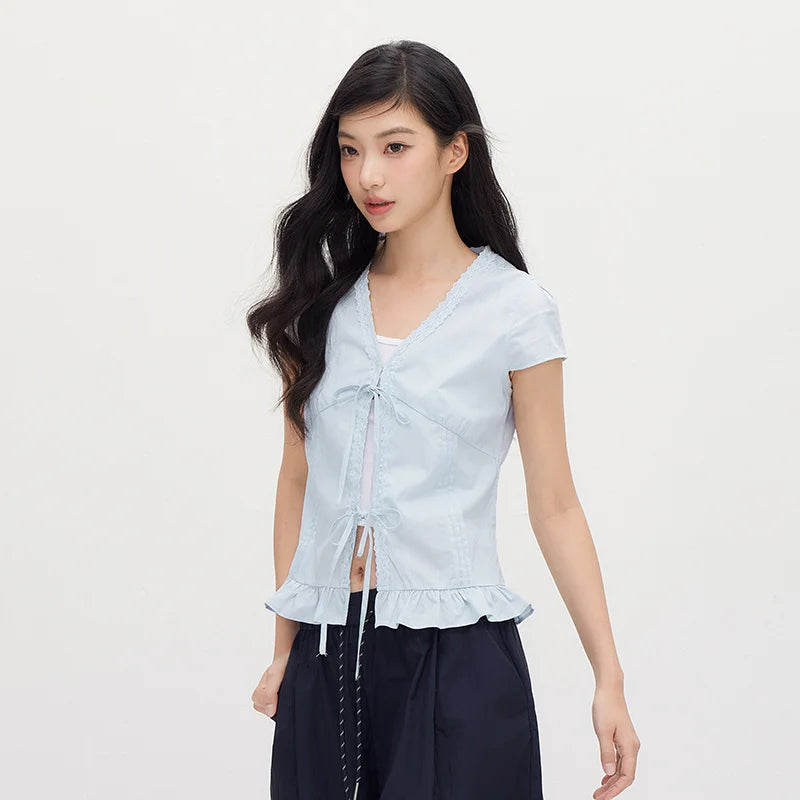 Semir Women Shirt Short Length V Neck Bow Cotton Slim Fit Sweet Cute Casual Top 2026 Summer Fashion Daily Wear