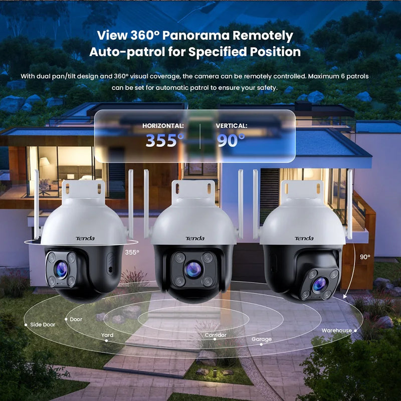 កាមេរ៉ា Tenda 4MP ក្រៅផ្ទះ Wi-Fi Pan/Tilt CH7-WCA ពណ៌ពេញ 360° ចក្ខុវិស័យពេលយប់ AI ការរកឃើញចលនា សំឡេងរោទិ៍ឆ្លាតវៃ