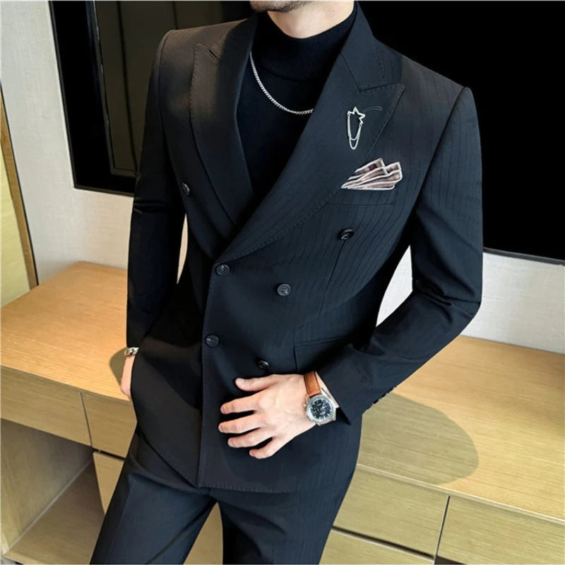 Men's Two-Piece Suit Set ( Jacket + Pants ), Dark Stripe Notched Lapel Double-Breasted, Wedding Business Formal Bridegroom