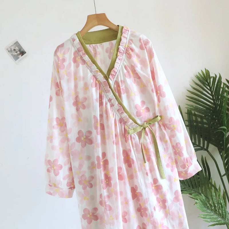 Pure Cotton Floral Robes For Woman Nightwear Sleepwear Soft Loungewear For Spring Autumn New Long-Sleeved Bathrobe Sleep Robe