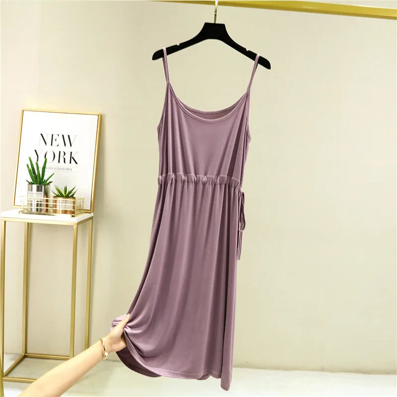 Fdfklak New Modal Cotton Night Dresses For Women 2025 Sexy Suspenders Nightshirt Drawstring Waist Slim Nightgowns Female