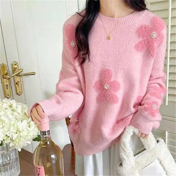 Lazy Wind Soft Glutinous Sweet Sweater Women's Autumn Winter New Korean Loose Beaded Flower Knitted Tops Ladies Pullover