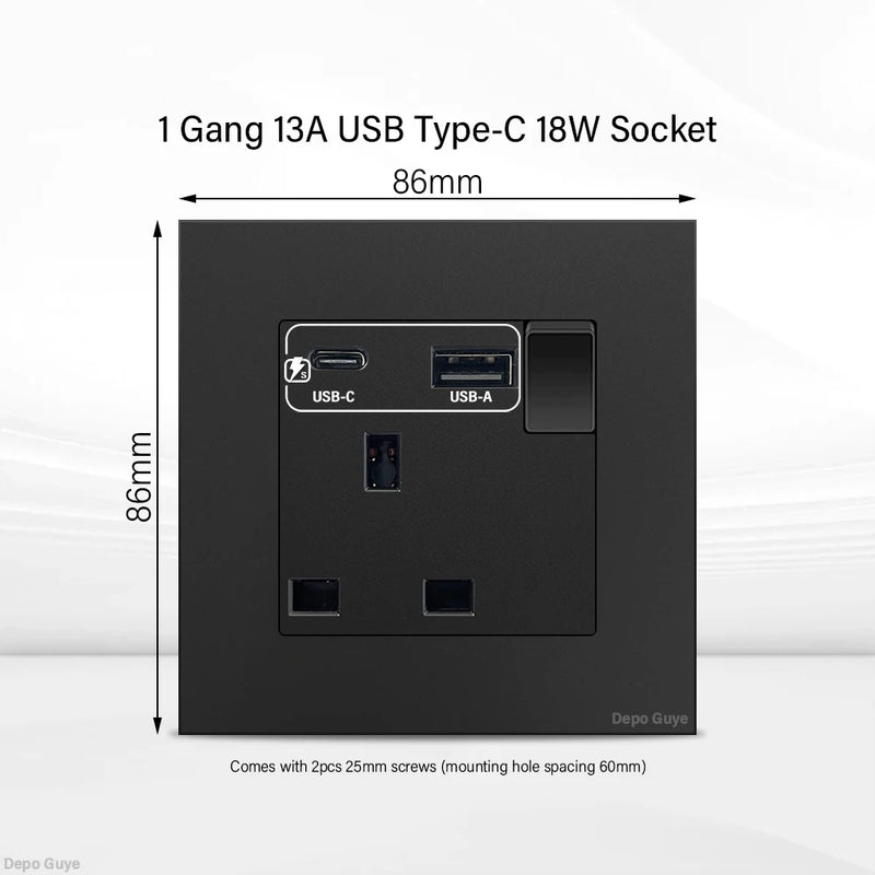 Black UK 13A Wall Socket with USB Type C 18W Quick Charge Plug Socket,Universal Wall power outlet 220V Electrical Light Switch