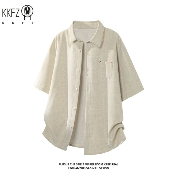 Mens Lapel Collar Short Sleeve Button Up Top Textured Linen Like Fabric Chest Pocket Relaxed Fit For Daily Commute Outfit