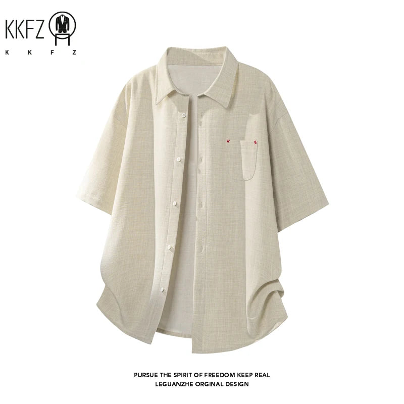 Mens Lapel Collar Short Sleeve Button Up Top Textured Linen Like Fabric Chest Pocket Relaxed Fit For Daily Commute Outfit