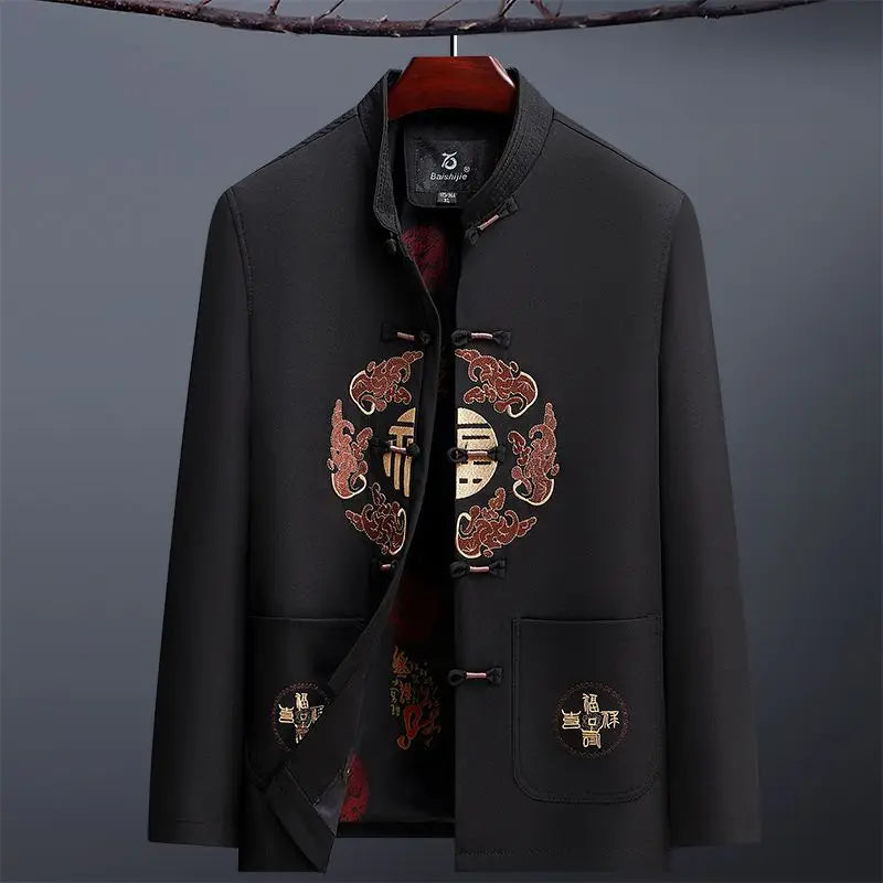 2026 New Men's Red Embroidered Long-Sleeve Jacket, Chinese-Style Single-Breasted Stand-Up Collar Coat, Fashionable Casual Tops.