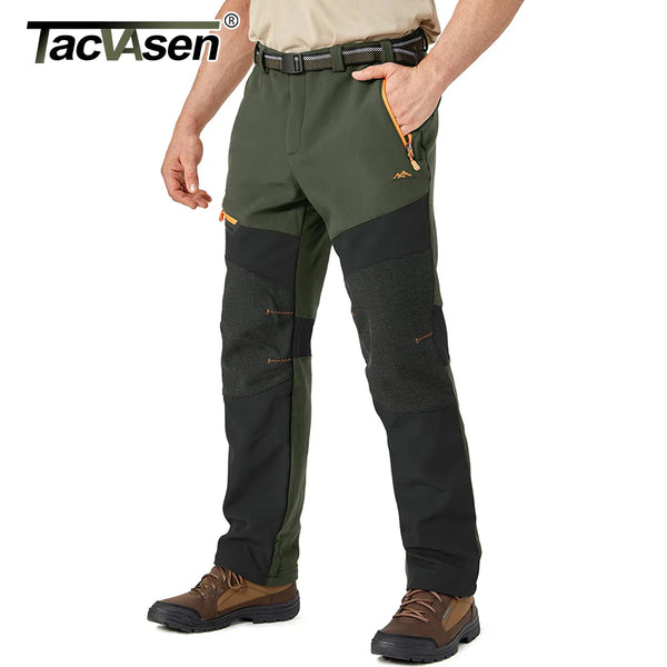 TACVASEN Winter Fleece Pants Mens Waterproof Camping Fishing Hiking Pants Zipper Pocket Reinforce Knee Casual Trousers Male