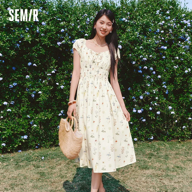Semir Women Dress Hollow Bow Waist Cinching Floral French Romantic Sweet Elegant 2026 Summer Casual Fashion Top