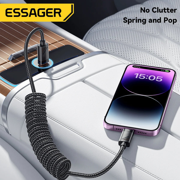 ខ្សែសាក Essager Car Spring USB C ទៅ Lighting Cable PD 29W សាកលឿនសម្រាប់ iPhone 14 13 12 11 Pro Max ឆ្នាំងសាក Spring USB Type C Cable