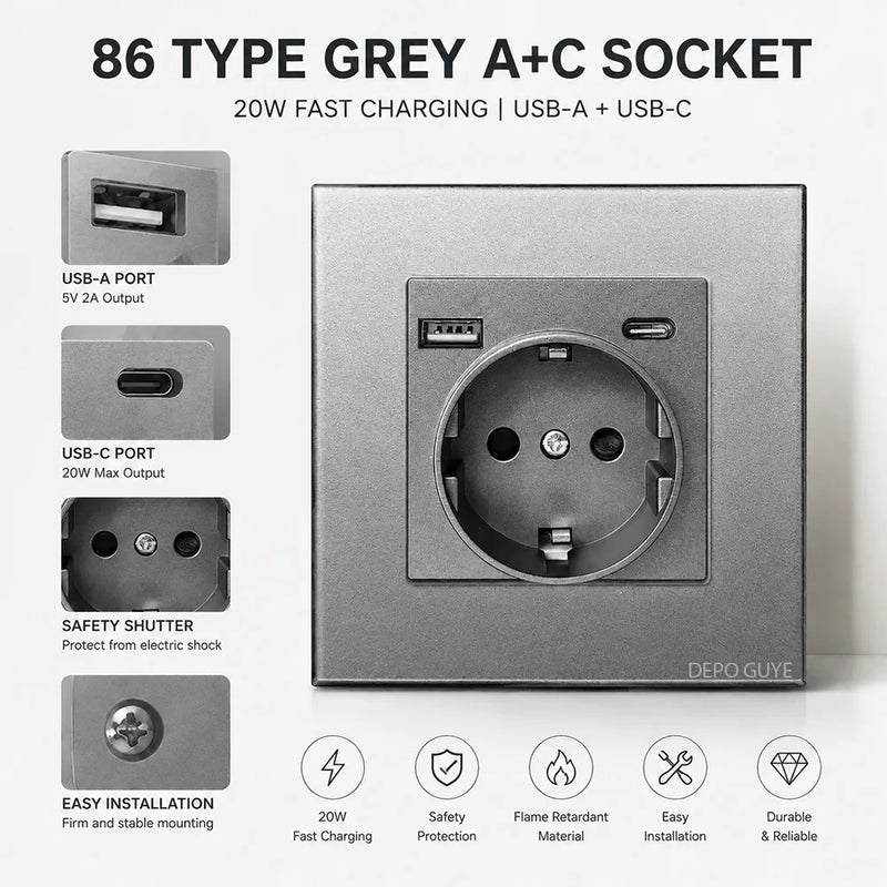 EU Standard 86x86mm Tempered Glass Wall Socket 16A Power Outlet with 5V 2A USB Type C or Dual USB for Home Hotel Office