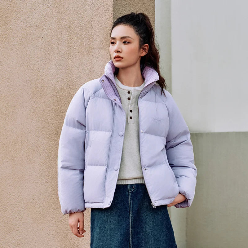 Semir Textured Down Jacket Stripe Patchwork Women 2026 Winter College Style Loose Fit Stand Collar Fashion Outerwear