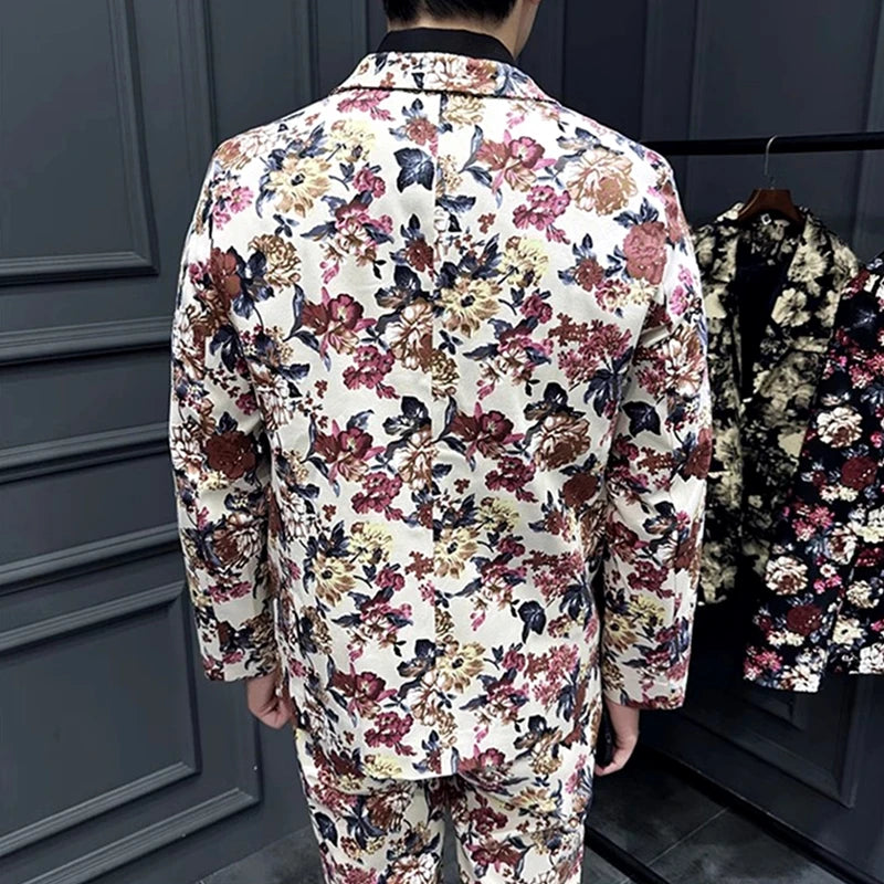 2026 New Men's Blue Printed 2-Piece Suit, Red Single Button V-Collar Cotton Jacket with Trousers.