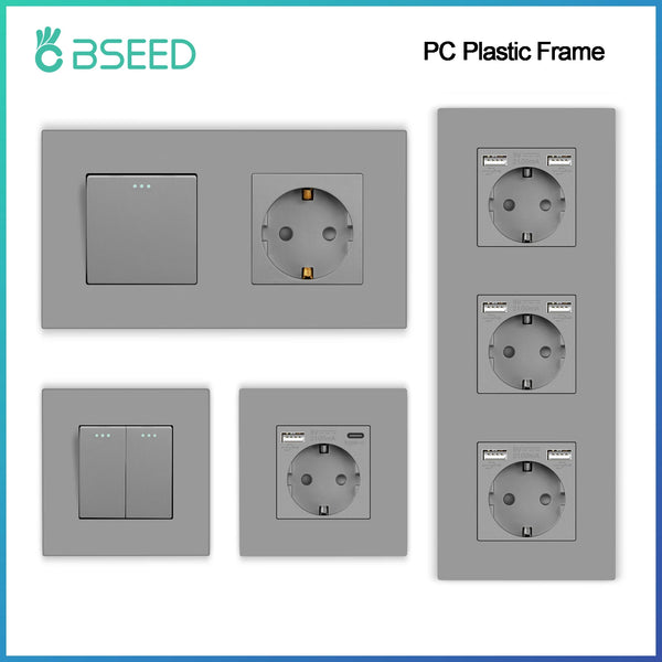 BSEED Button Switch 1/2/3Gang 1Way Wall Sockets With USB Type-C Phone Charger Mounted Double Socket Plastic Panel Triple Outlets