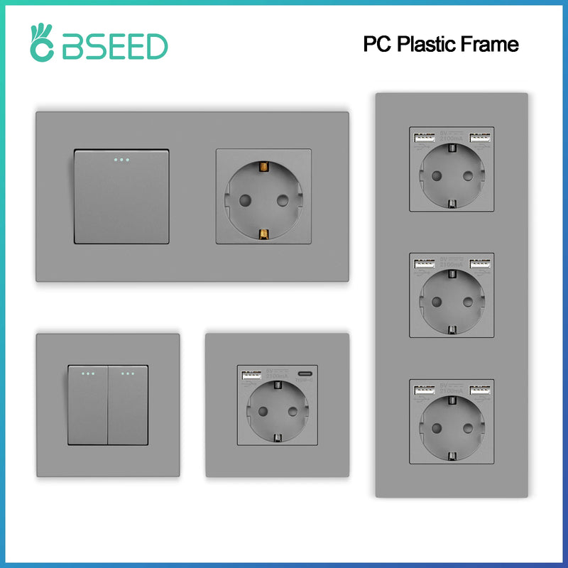 BSEED Button Switch 1/2/3Gang 1Way Wall Sockets With USB Type-C Phone Charger Mounted Double Socket Plastic Panel Triple Outlets
