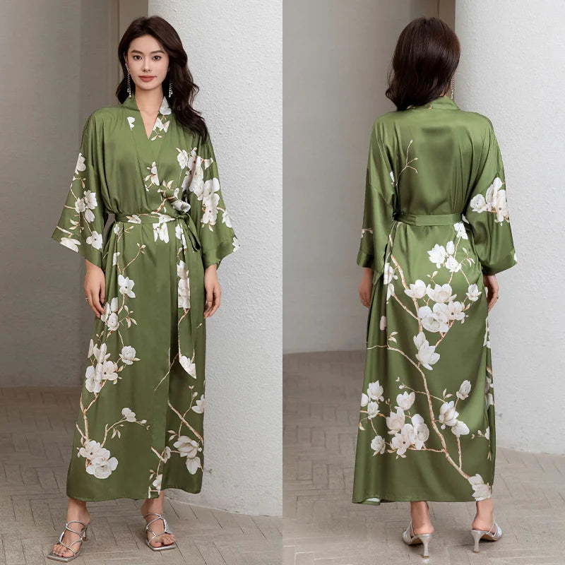 Women Ice Silk Rayon Home Dress Black Print Flower Long Robe Nightgown Spring Summer Half Sleeve Kimono Bathrobe Gown