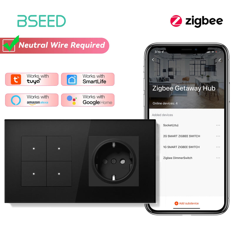 BSEED 1/2/3Gang 2Way Zigbee Light Switch With EU Wall Socket Smart Click Button Switch Glass Panel Tuya Smart Life Alexa Control