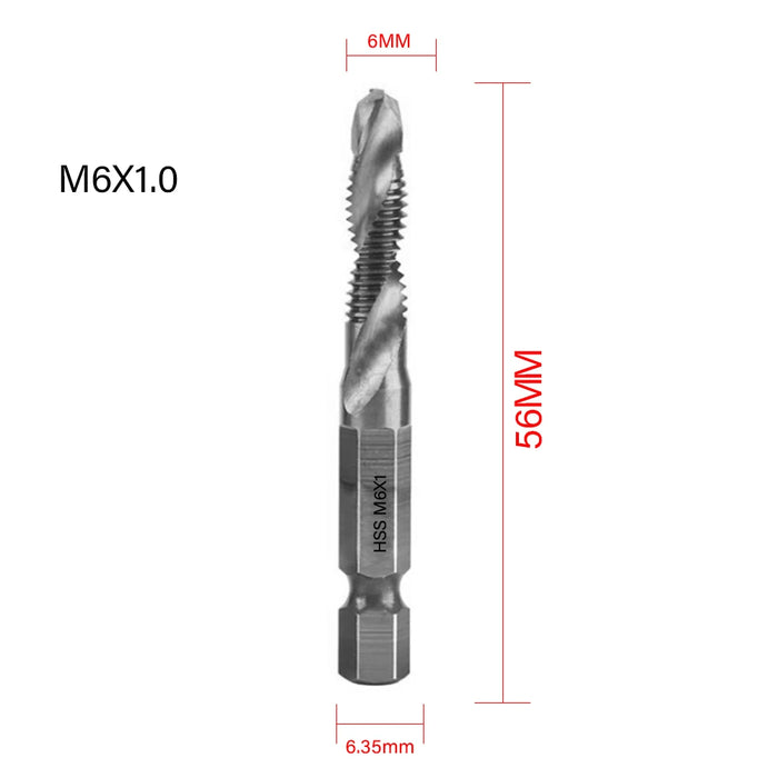 NEW Tap Drill Bit Set Hex Shank Titanium Plated HSS Screw Thread Bit Screw Machine Compound Tap M3 M4 M5 M6 M8 M10 Hand Tools M6X1.0 Silver