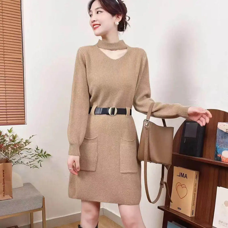 Red Knitted Primer Dress for Women's Autumn Winter French Retro Slim Inner Medium Long Sweater Thicken Warm Pullover Dresses