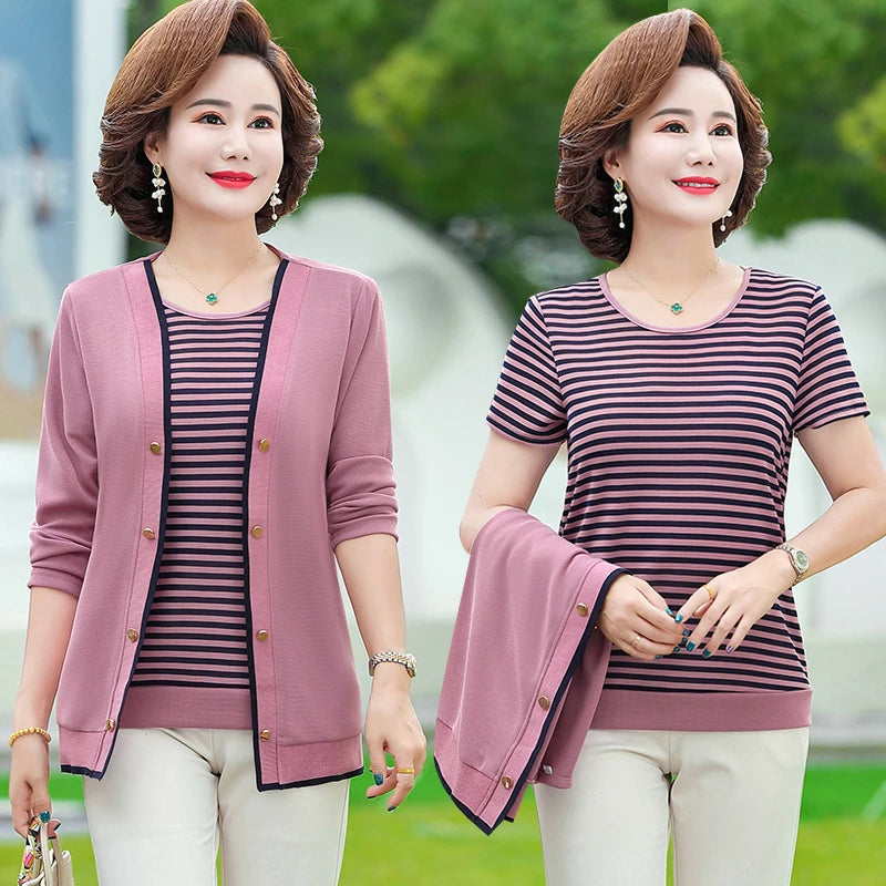 អាវយឺតដៃវែងប៉ាក់សម្រាប់ស្ត្រីវ័យកណ្តាល 2 ឈុត រដូវផ្ការីក រដូវស្លឹកឈើជ្រុះ សម្លៀកបំពាក់ម្តាយ Camisetas Mujer