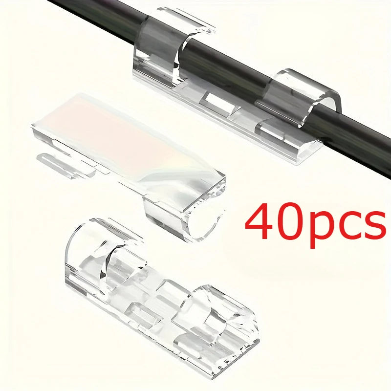 20/40/60pcs Transparent Plastic Cable Clips-Adhesive No Drill Wire Organizers for Power StripsWalls&Under DeskClear Cord Holders
